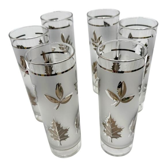 Libbey Silver Leaf 7” Tom Collins Glasses Tumbler Set of 6 Frosted Vintage 1960s - Picture 1 of 8